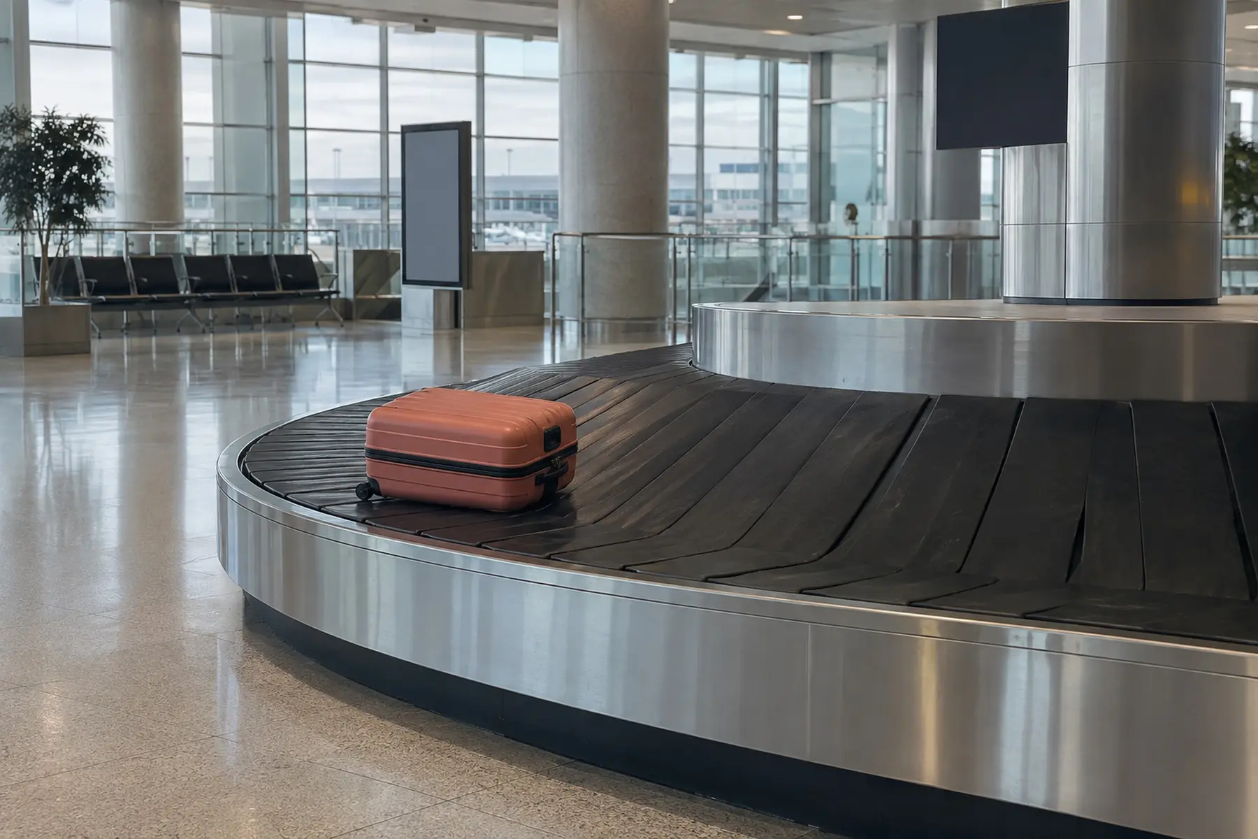 Esteira de bagagem de aeroporto vazia, com uma mala coral sozinha dando a volta.