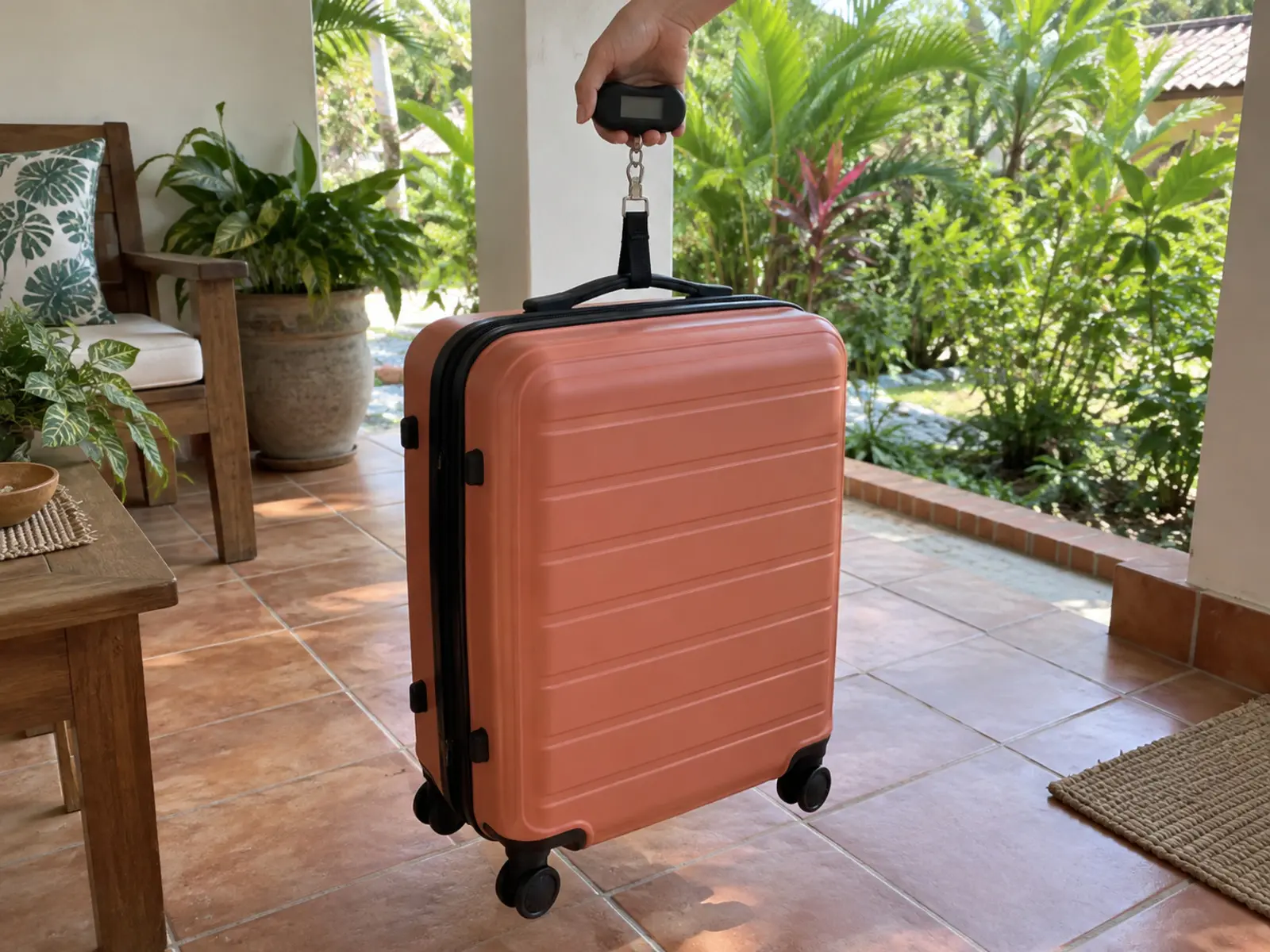 Uma mão levanta a mala coral com uma balança de bagagem de gancho, numa varanda com plantas.